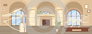 Empty paleontology museum hall flat color vector illustration