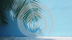 Empty palm shadow blue color texture pattern cement wall background. Summer tropical beach with minimal concept. Generative AI