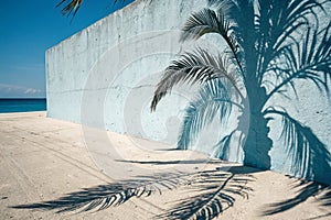Empty palm shadow on blue textured cement wall photo