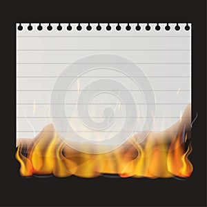 Empty paper sheet from notepad on fire. Flaming lined paper sheet on black background. Burning paper. Vector