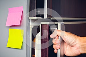 Empty paper sheet on refrigerator door with magnetic clip paper note for add text message