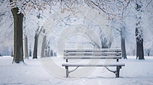 Empty park bench covered in snow during winter