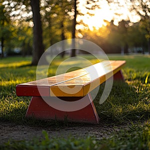 Empty park bench at sunset with warm sunlight in the background.