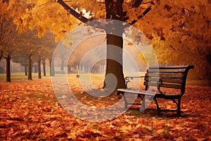 an empty park bench surrounded by autumn colors