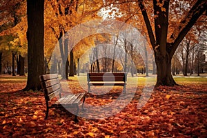 an empty park bench surrounded by autumn colors