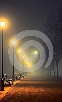 Empty Park Benches at Night With Classic Street Lamps in Foggy Sky