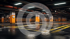 Empty Parking Garage With Yellow Barriers. Generative AI.