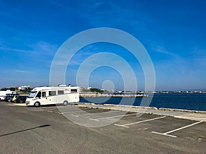 Almost empty parking lot at the entrance to the medieval town of Nessebar in Bulgaria