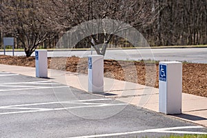 An empty parking lot showing handicap parking spaces