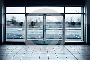 empty parking lot visible through entrance glass doors