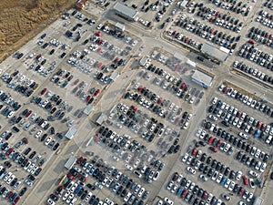 Empty parking lots, aerial view. A lot of cars