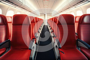 Empty passenger seats in cabin of the aircraft. Plane interior. Generative AI