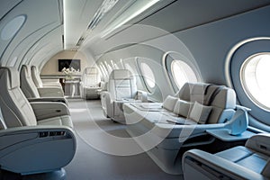 Empty passenger seats in cabin of the aircraft. Plane interior. Generative AI