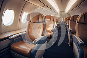 Empty passenger seats in cabin of the aircraft. Plane interior. Generative AI