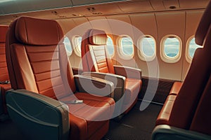 Empty passenger seats in cabin of the aircraft. Plane interior. Generative AI