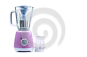 Empty pastel purple electric blender with filter, toughened glass jug, dry grinder and speed selector isolated on white