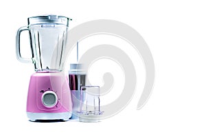 Empty pastel purple electric blender with filter, toughened glass jug, dry grinder and speed selector isolated on white background photo
