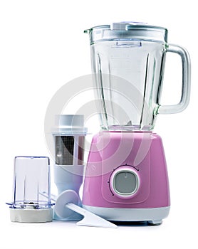 Empty pastel purple electric blender with filter, toughened glass jug, dry grinder and speed selector isolated on white background