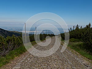 Empty paved mountain trail. Karkonosze National Park.