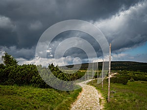 Almost empty paved mountain trail. Karkonosze National Park.