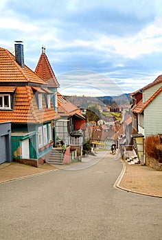 Empty paved street going down in the old town