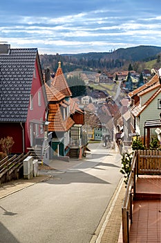 Empty paved street going down in the old town