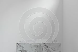 Empty pedestal or long podium marble display on white background room in natural light concept. Blank product shelf standing