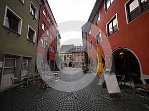 Empty pedestrian streets cobblestone road traditional austrian village old town center Bludenz Vorarlberg Austria