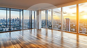 Empty penthouse apartment with panoramic city views at sunset
