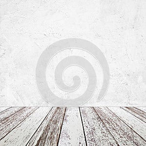 Empty perspective vintage white wood and white cement wall background, room, table top, shelf for product display montage