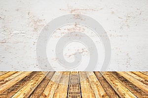 Empty perspective wood plank table top with old cement wall blackground