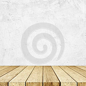 Empty perspective wood and white cement wall background, room, t