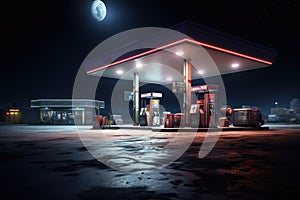 Empty petrol station at night