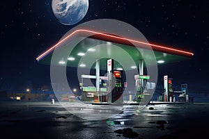 Empty petrol station at night