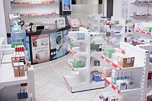 Empty pharmacy with nobody in it equipped with pharmaceutical products