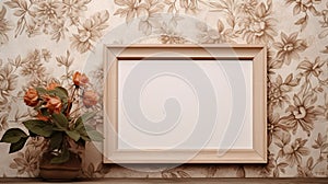 Empty photo frame on boho background with flowers in vase. A mockup in a minimal rustic style.