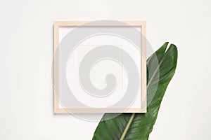 Empty photo frame and green leaf on white background, top view. Space for design