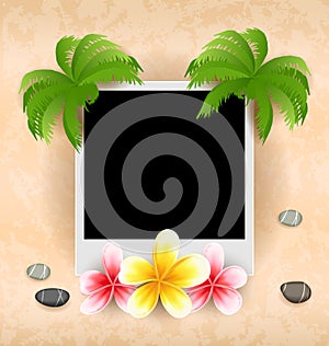 Empty photo frame with palm, flowers frangipani, sea pebbles