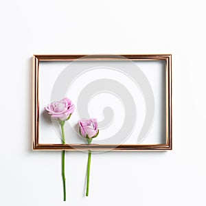 Empty photo frame with pink rose flowers on white background