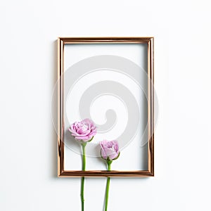 Empty photo frame with pink rose flowers on white background