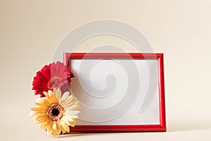 Empty photo frame with red and yellow gerbera daisy flowers on pastel beige background. Picture frame mockup with flowers, copy