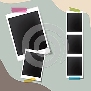 Empty photo frames with colorful tape on pastel background