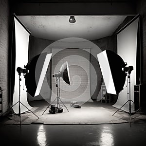 Empty photo studio with lighting equipmen photo