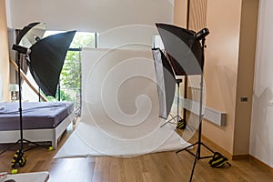 Empty photo studio with lighting equipment. Empty photo studio with Flashlight equipment.