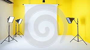 Empty photo studio with white backdrop