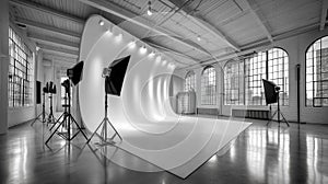 Empty photography studio with white cyclorama wall and professional lighting setup