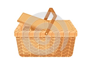 Empty picnic basket with lid and handle. Woven wicker container made from straw. Realistic basketwork. Colored flat