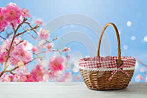 Empty picnic basket on wooden table over cherry blossom flowers background. Spring and easter mock up for design