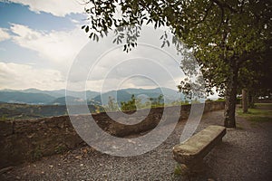 Empty picnic chair in the mountains on a beautiful viewpoint.