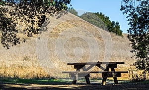 Empty picnic table in the rolling hills of the Santa Monica Mountains in California